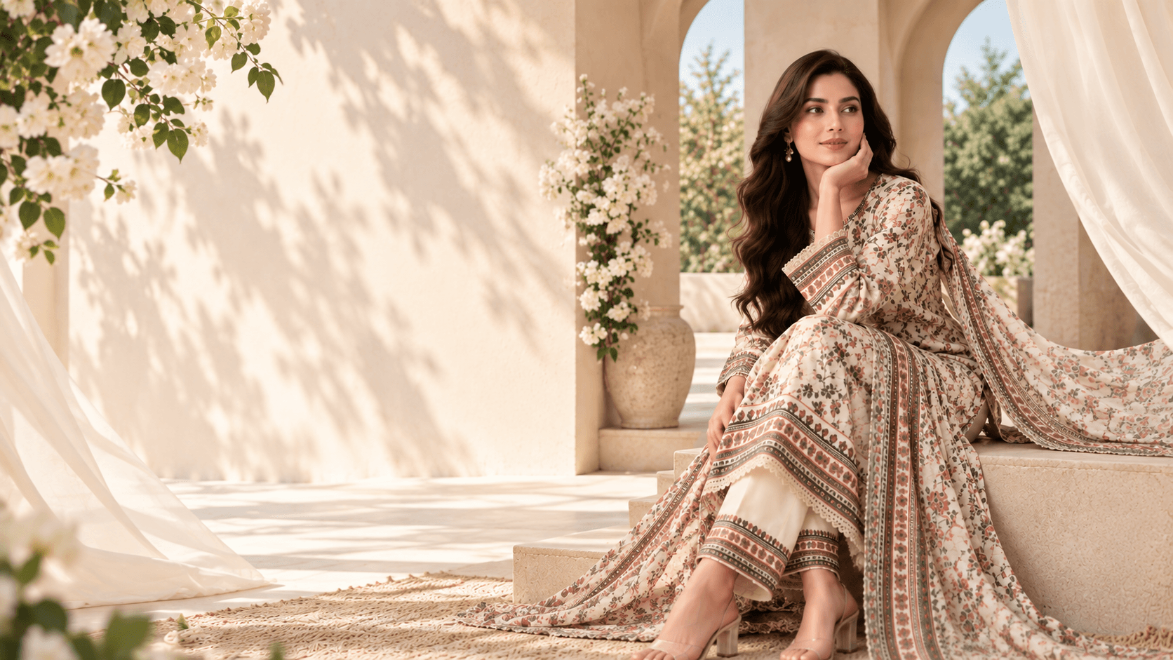 Model wearing an elegant printed QurZaib Fabrics ensemble